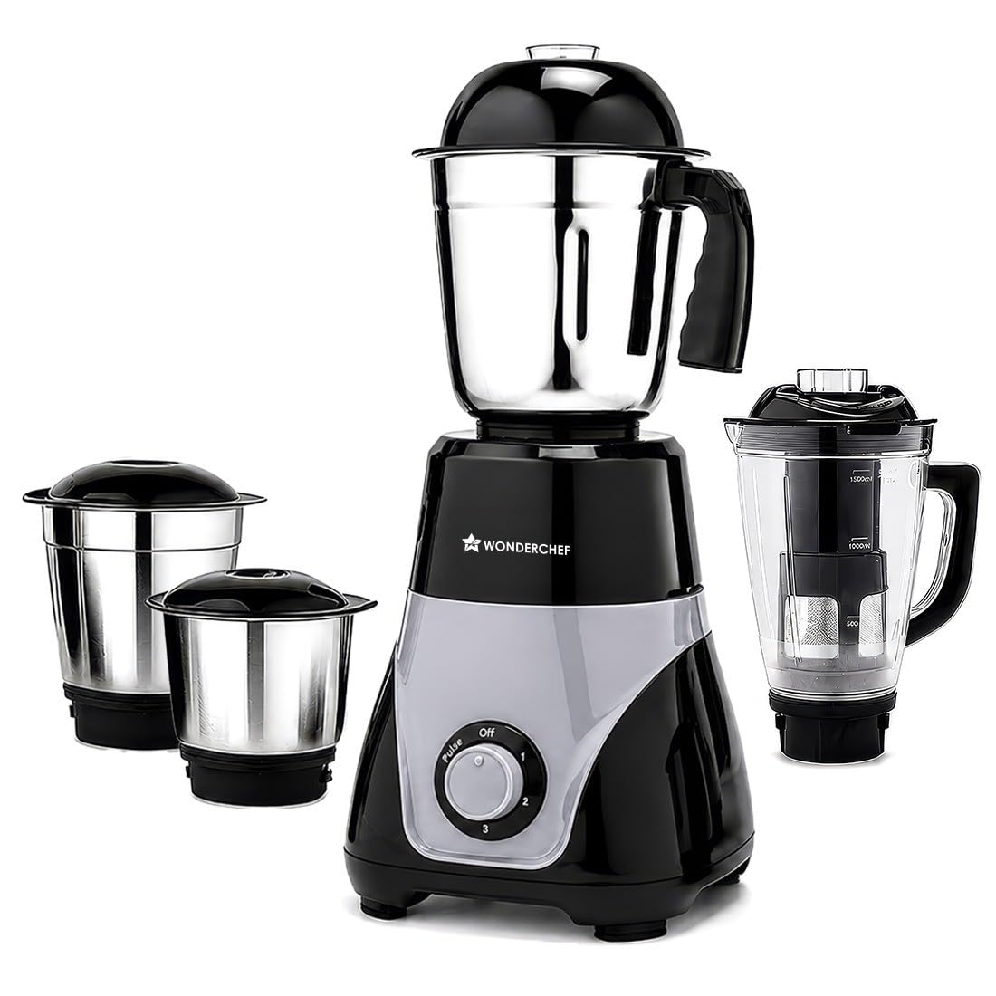 Wonderchef Vista Mixer Grinder | 4 Multi-purpose Jars | 750W | Sharp Stainless-steel Blades | For Masalas, Chutneys, Fresh Fruit Juices | 3-Speed Control | Advanced Safety Features | 2-Year Warranty