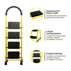 BonKaso Mild Steel Multipurpose Climb Swift 4-Step Foldable Ladder with Safety Clutch Lock, Load Capacity Upto 120kg – Anti-Slip Designed for Indoor & Outdoor Use (Yellow & Black)