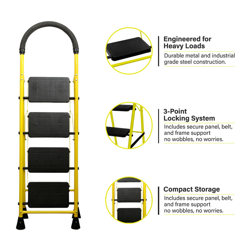 BonKaso Mild Steel Multipurpose Climb Swift 4-Step Foldable Ladder with Safety Clutch Lock, Load Capacity Upto 120kg – Anti-Slip Designed for Indoor & Outdoor Use (Yellow & Black)