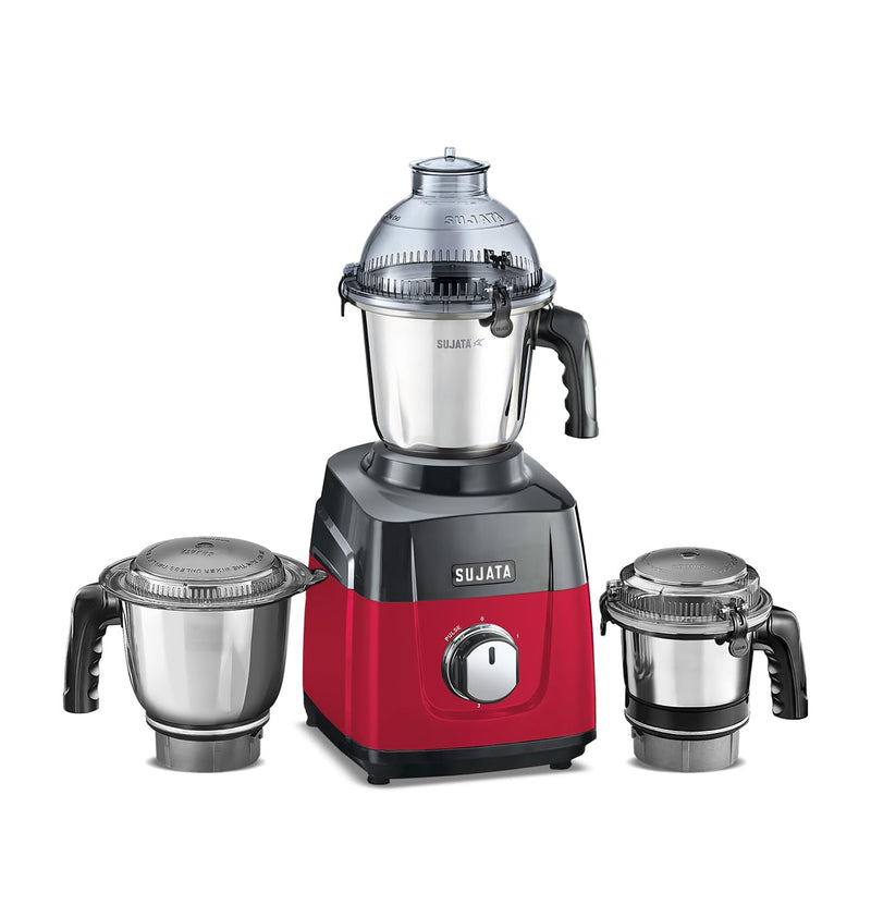 Sujata MG02 Mixer Grinder|1000 Watts Double Ball Bearing Motor|24000 RPM|Non-Stop 90 Mins Running|3 Food Grade Steel Jars including 1500ml Multipurpose, 1000ml Grinder, 500ml Chutney Jar|Red & Black