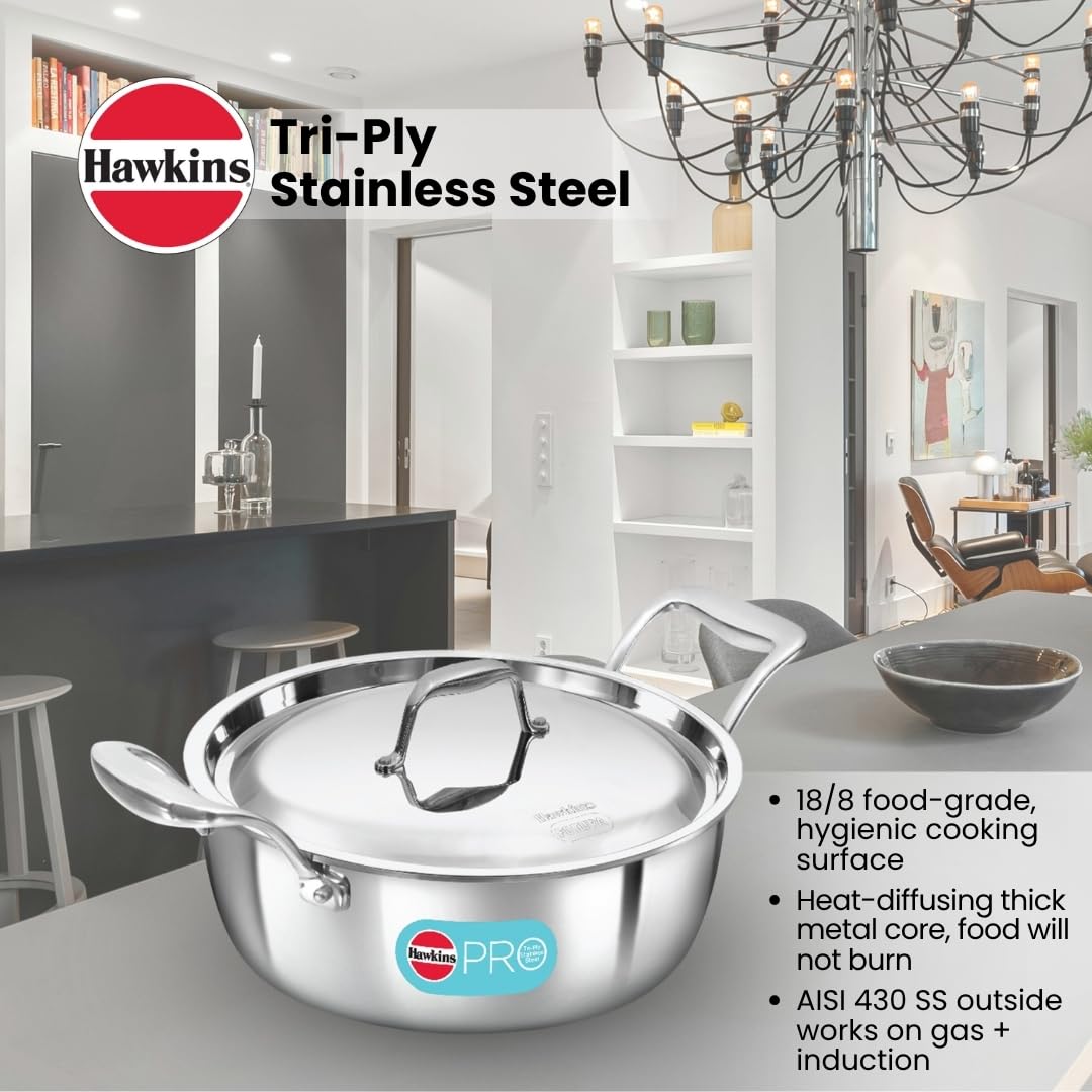 Hawkins 3L Pro Triply Stainless Steel Cook N Serve Bowl with Steel Lid, Silver (PSC30S)