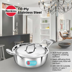 Hawkins 3L Pro Triply Stainless Steel Cook N Serve Bowl with Steel Lid, Silver (PSC30S)