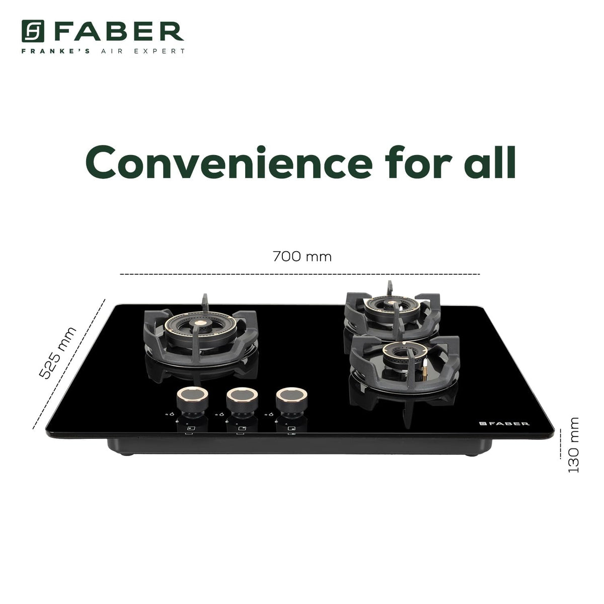 Faber 70Cm 3 Burner Hybrid Hob/Cooktop|Auto Ignition|Brass Burners|Cast Iron Pan Support|Glass Matt Finish|Metal Knob|1 