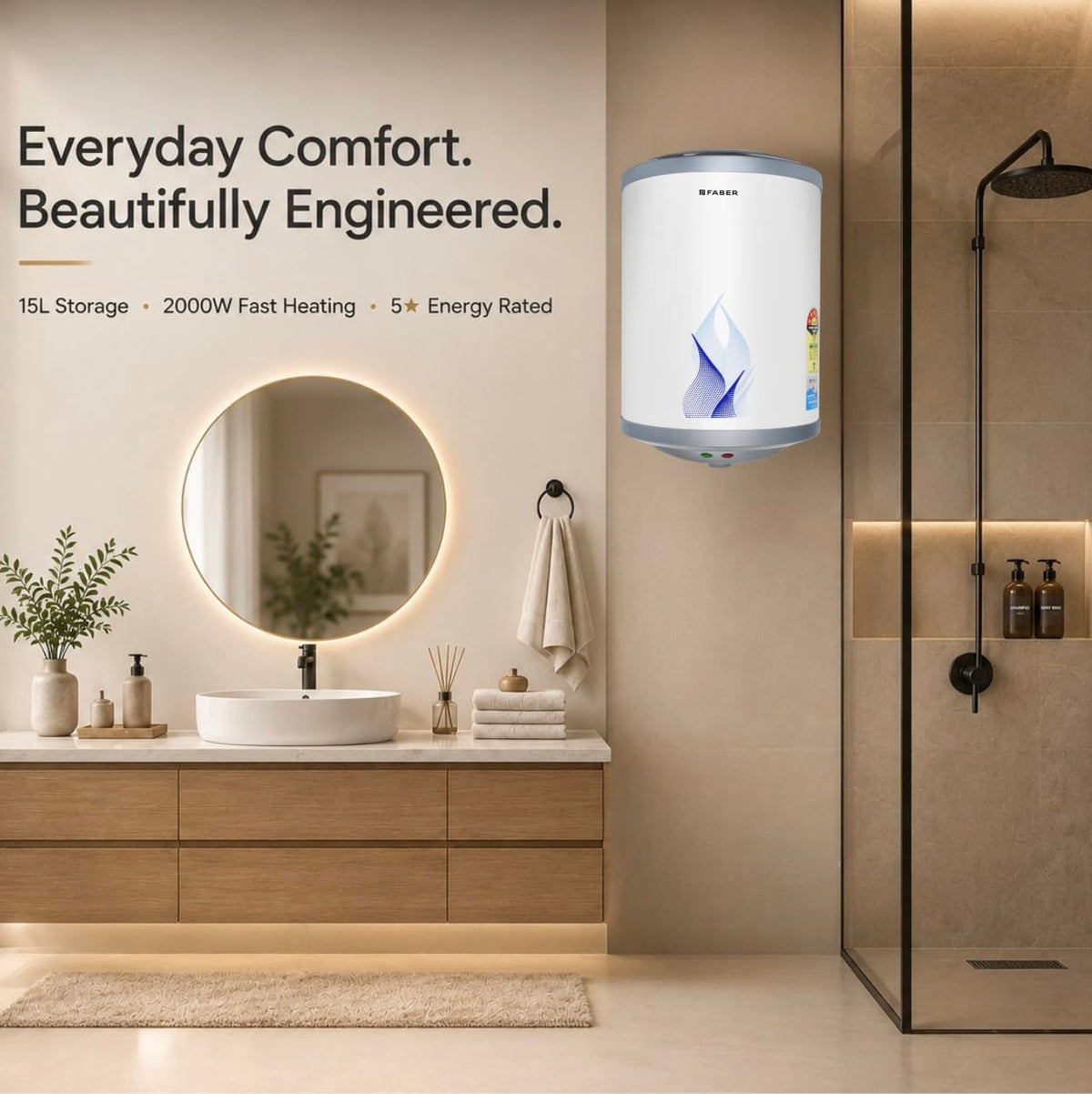Faber 15Ltr Storage Water Heater (FWG Vulcan 15V), 5 Star, 7 yrs Warranty on Tank, Free Installation with Inlet & Outlet