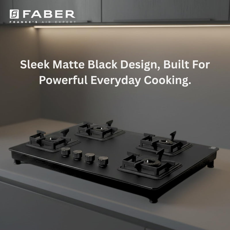 Faber Evoke 4 Burner 65Cm Cooktop |Auto Ignition| |Metal Knobs| MS Diamond Coated Pan Support | Matt Black Glass Finish 