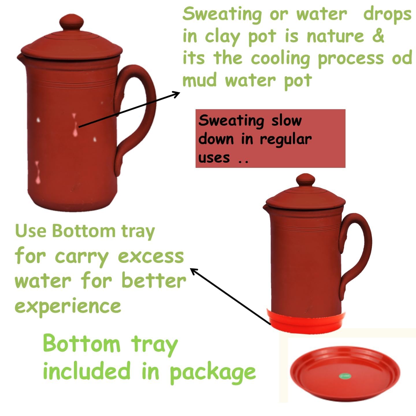 Our Earthen Water Pot with Glass & Bottom Tray Water jug mud Pot 1500 Clay jug 1500 ML