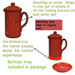 Our Earthen Water Pot with Glass & Bottom Tray Water jug mud Pot 1500 Clay jug 1500 ML