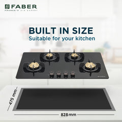 Faber 4 Burner 90cm Hob/Cooktop Hybrid | Auto-Ignition| Metal Knobs|Cast Iron Pan Support|Black Glass Finish |5 Yrs Warr