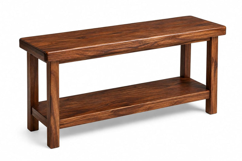 Solid Sheesham Wood Storage Bench with Open Shelf | Wooden Hallway Bench for Entryway, Living Room & Bedroom | 