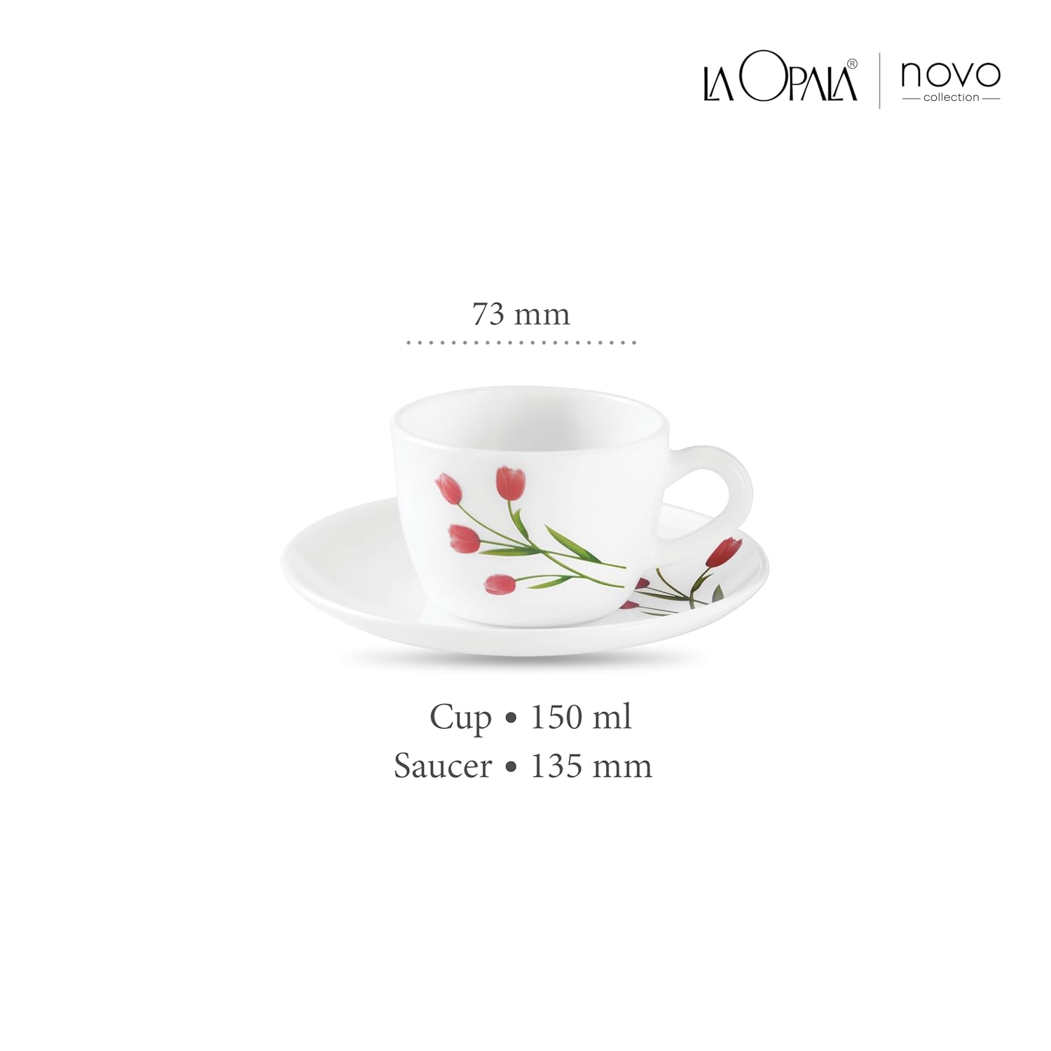 La Opala, Novo Collection Opal Glass Crockery | Cup & Saucer Princess, Set of 12 | Radiant Curves, 150 ml | for Tea & Coffee | Microwave Safe | 100% Vegetarian | Extra Strong | Super Light & White