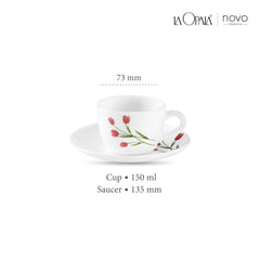 La Opala, Novo Collection Opal Glass Crockery | Cup & Saucer Princess, Set of 12 | Radiant Curves, 150 ml | for Tea & Coffee | Microwave Safe | 100% Vegetarian | Extra Strong | Super Light & White
