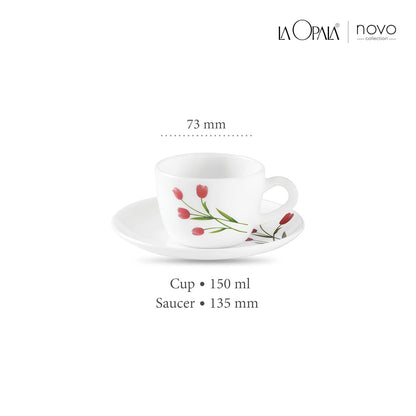 La Opala, Novo Collection Opal Glass Crockery | Cup & Saucer Princess, Set of 12 | Radiant Curves, 150 ml | for Tea & Coffee | Microwave Safe | 100% Vegetarian | Extra Strong | Super Light & White