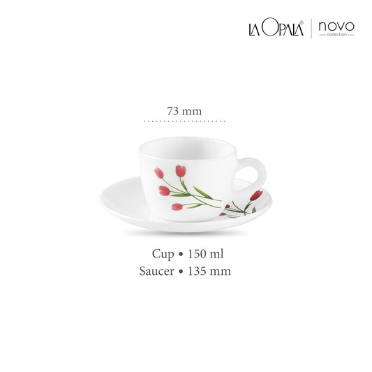 La Opala, Novo Collection Opal Glass Crockery | Cup & Saucer Princess, Set of 12 | Radiant Curves, 150 ml | for Tea & Coffee | Microwave Safe | 100% Vegetarian | Extra Strong | Super Light & White