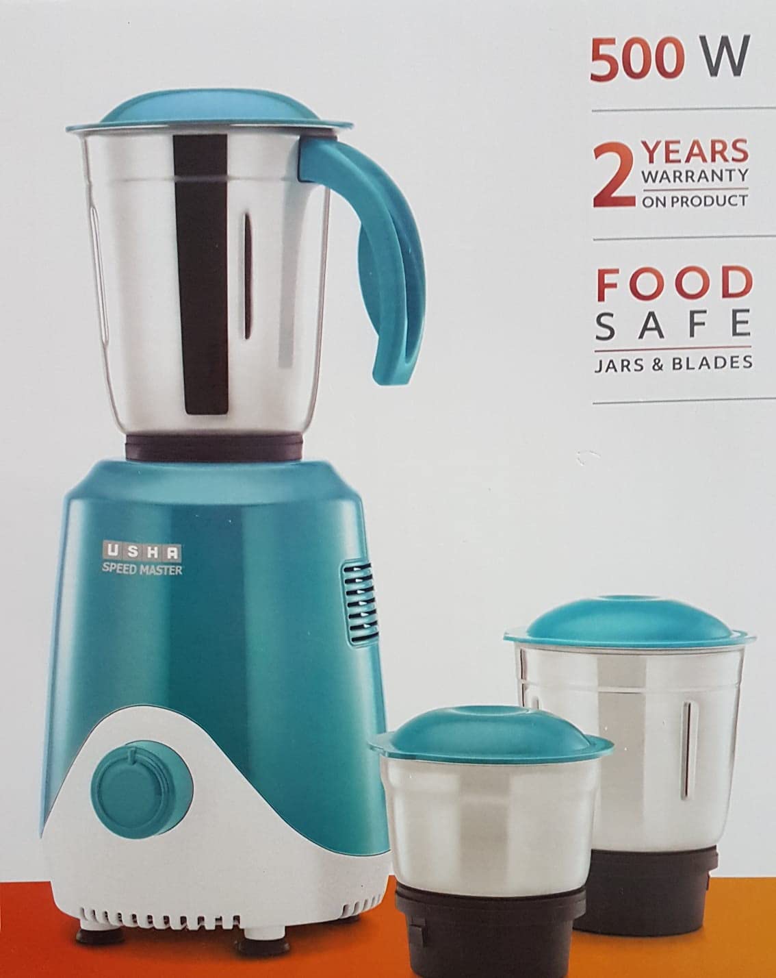 USHA Speed Master 500W with 3 Jars, 100% Copper Motor, 4-fin techno blades for finer grinding, SS Jars with flow breakers, 20000+ RPM, 5 Years Warranty on Motor (Blue and White)