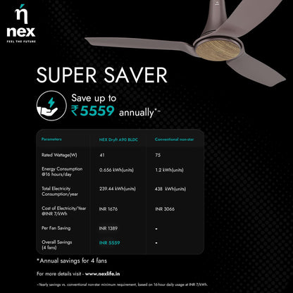 NNEX by BAJAJ Dryft A90 BLDC 1200 MM | 5 Stars Rated Premium Ceiling Fan With Remote Control | 20%* Higher Air Thrust | Airfluence ABS Blade For Low Noise | 2-Yr Warranty Free Installation 【Chestnut】