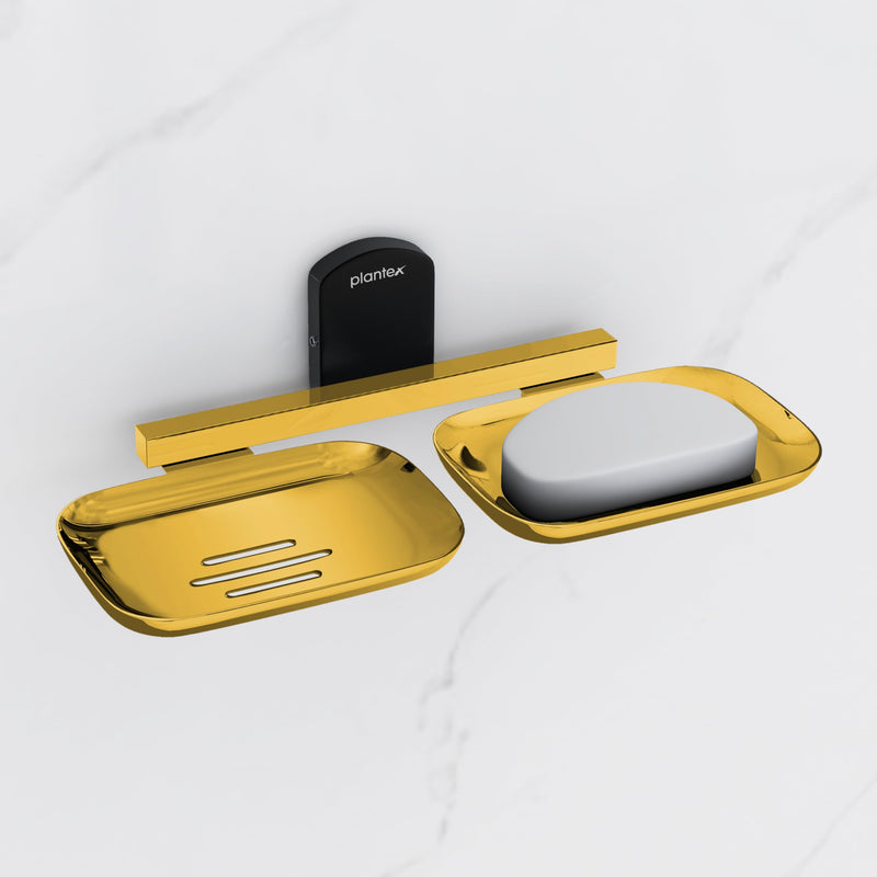 Plantex 304 Grade Stainless Steel Double Soap Holder for Bathroom/Soap Dish for washbasin/Soap Stand/Bathroom Accessories - Parv (Gold & Black)-1