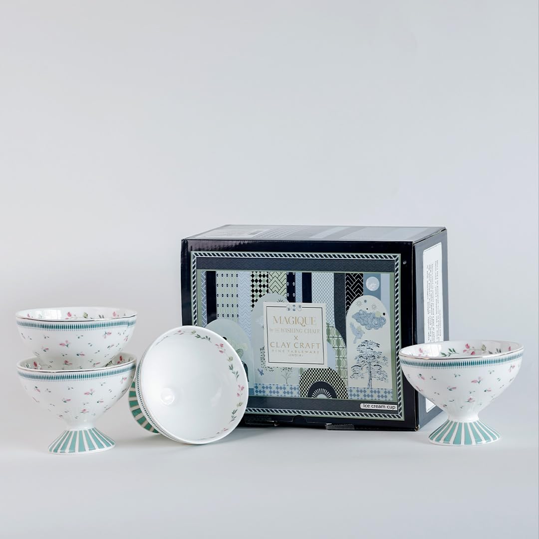 Magique by The Wishing Chair x ClayCraft : Portrait of a Rose Dessert Cups Set of 4 | 160 ml Ceramic Ice Cream Bowls | Elegant Floral Cups for Ice Cream, Sorbet & Gelato | Dishwasher Safe