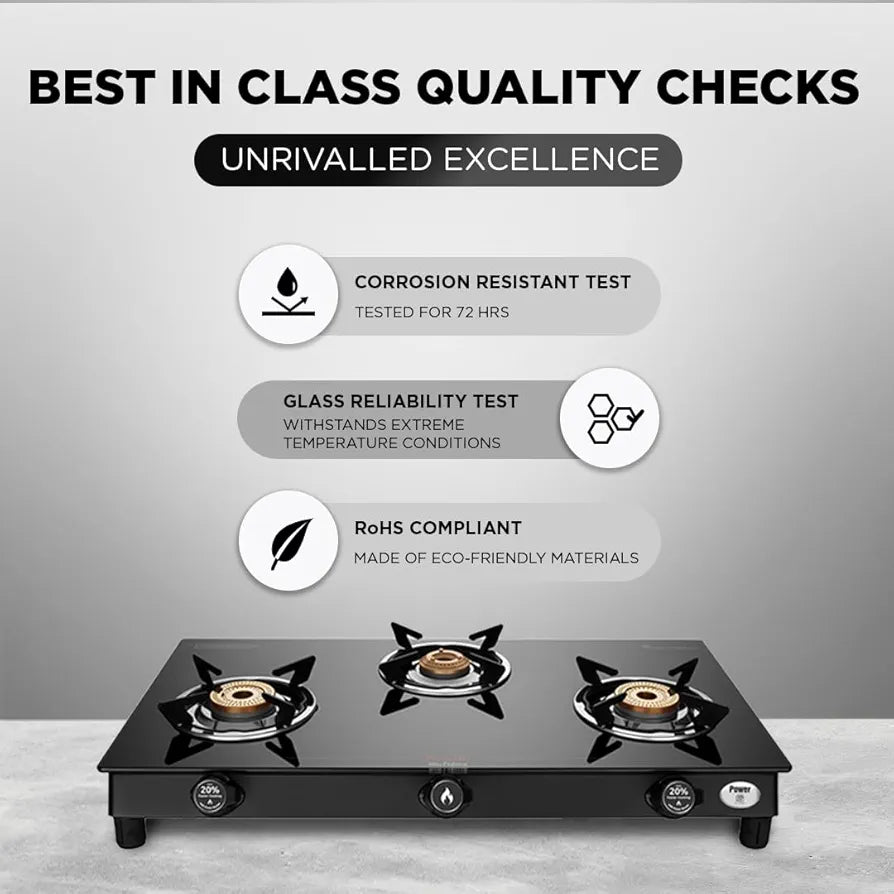 Preethi Bluflame Sparkle Power Duo 3 Burner Glass top Gas Stove with Power Burner and Swirl flame technology, saves gas and cooks faster, Manual Ignition, Black