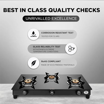 Preethi Bluflame Sparkle Power Duo 3 Burner Glass top Gas Stove with Power Burner and Swirl flame technology, saves gas and cooks faster, Manual Ignition, Black