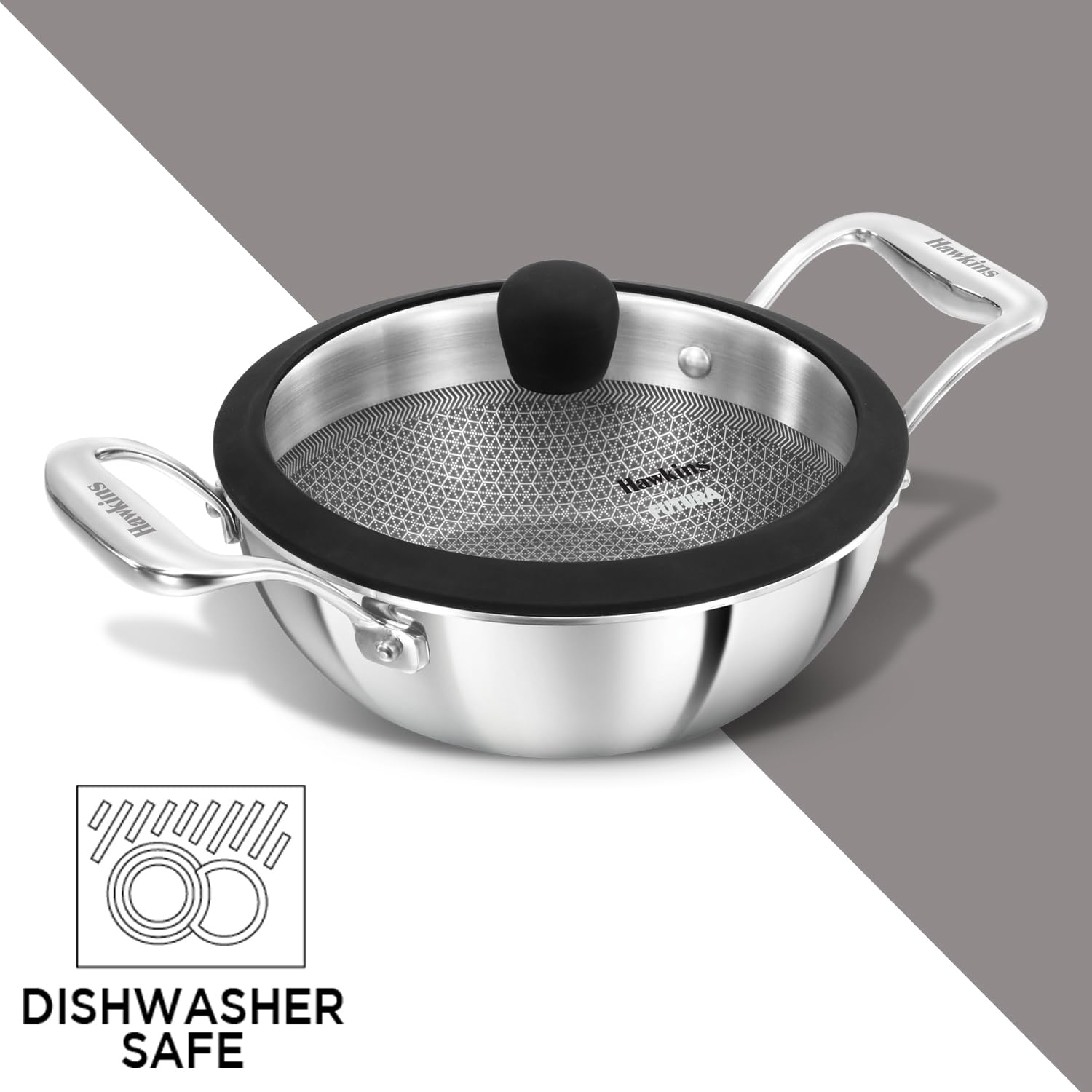 Hawkins Pro 1.5 Litre Shielded Nonstick Triply Deep-Fry Pan, Kadhai with Stainless Steel Handles and Glass Lid, Silver (PSNK15G), 18 cm