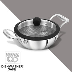 Hawkins Pro 1.5 Litre Shielded Nonstick Triply Deep-Fry Pan, Kadhai with Stainless Steel Handles and Glass Lid, Silver (PSNK15G), 18 cm