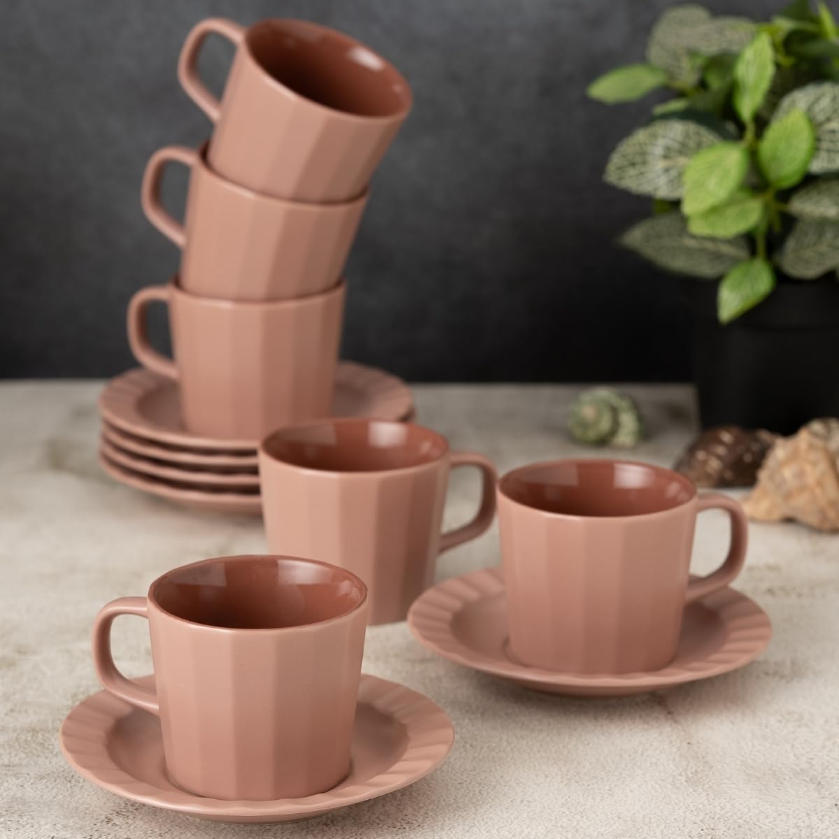 Clay Craft Fine Ceramic Armada Mustard & Pink Cups & Saucer, Set of 12, Cups for Tea & Coffee, Gift Set, Elegant Design for Home and Kitchen and Can Be Gifted to Your Loved Ones On Any Occassions