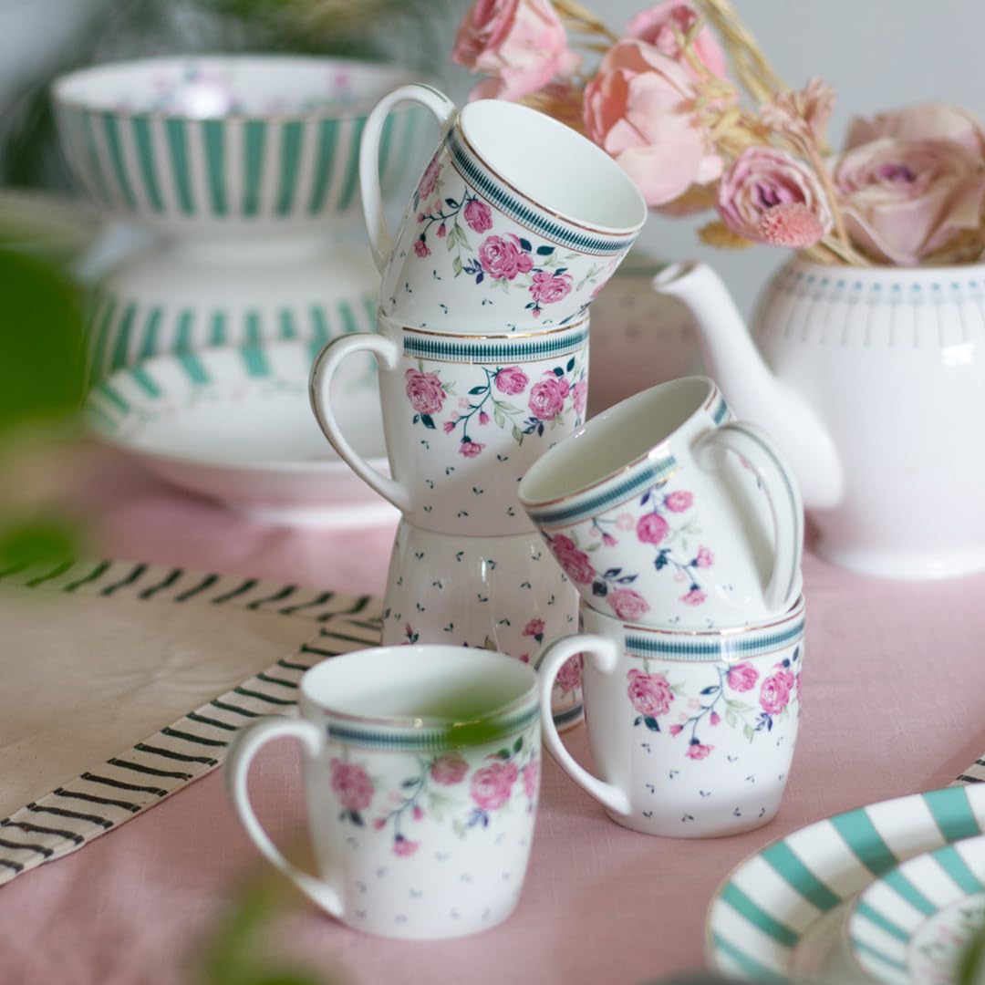 Magique by The Wishing Chair x ClayCraft : River of Flowers Ceramic Chai Mugs - Set of 6 |180 ml | Elegant Floral Design | Mugs for Coffee | Ideal for Gifting | Perfect for Home & Office