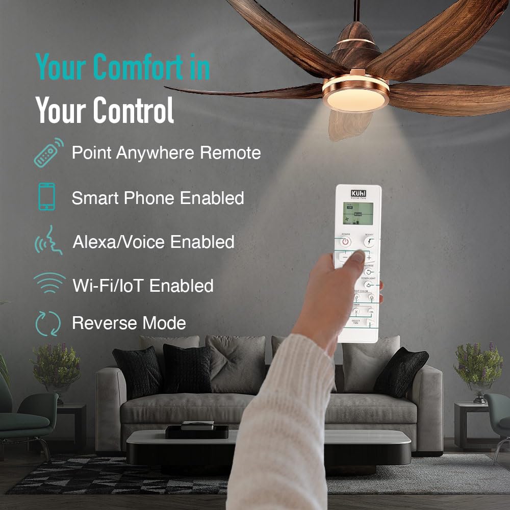 KUHL Luxus C5 1200mm Stylish 65% Power Saving BLDC Ceiling Fan with Remote | Night & Down Light | 29W | BEE 5 Star | Low Noise | IoT –Operate via Mobile & Alexa|Reverse Mode|Free Installation |Teak