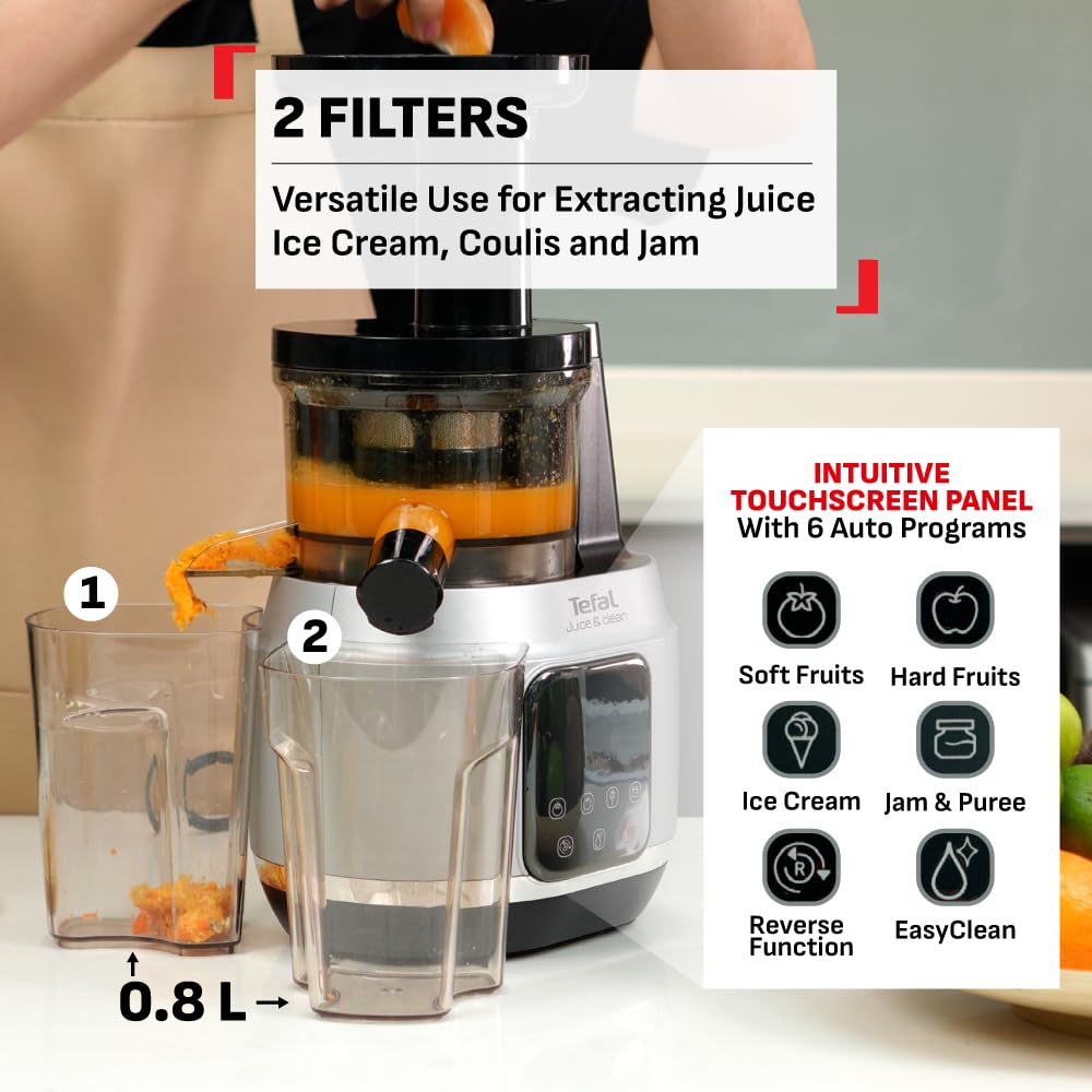 Tefal Juice & Clean slow juicer, Fruit and Vegetable Juice Extractor, Vitamin Juice, Cold Press, 150 W, 42 to 70 RPM, Fresh Fruit Juice, Jam, Sorbet, Automatic Cleaning 2 years warranty