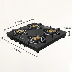 Faber 4 Burner Daisy Pro Cooktop | Free Hose Pipe & Piezo Lighter | Black Glass Top | Powder Coated Pan Support | Manual