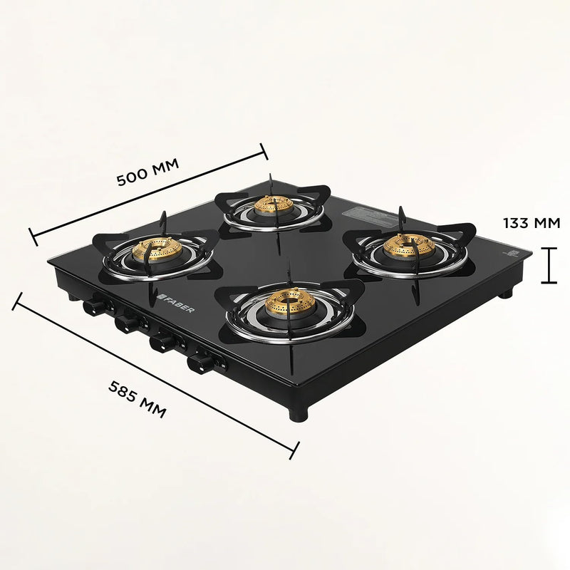 Faber 4 Burner Daisy Pro Cooktop | Free Hose Pipe & Piezo Lighter | Black Glass Top | Powder Coated Pan Support | Manual