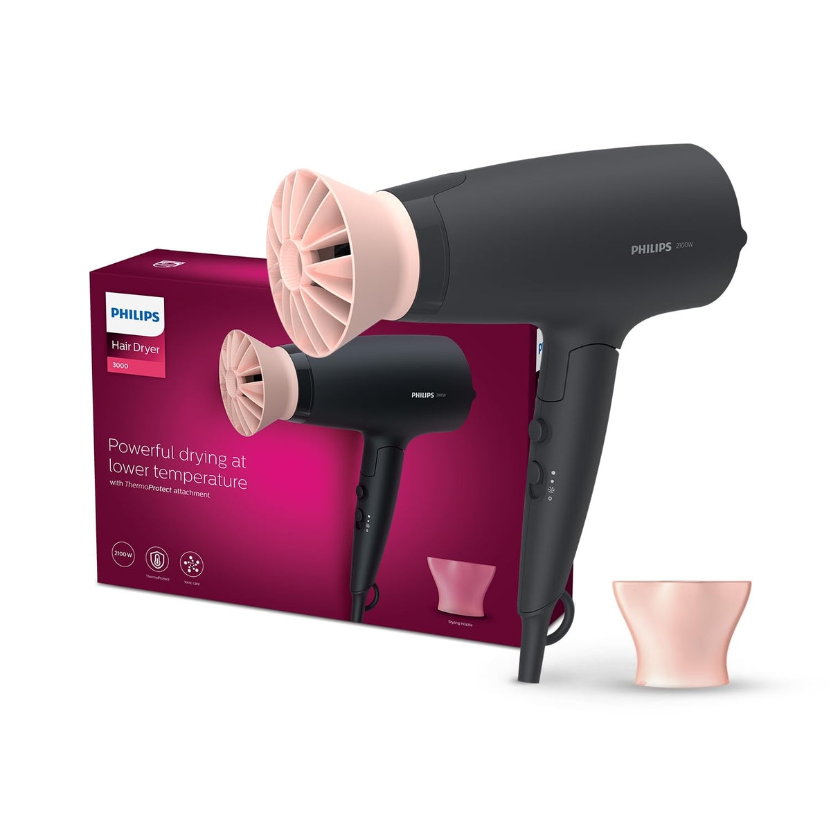 Philips Foldable Hair Dryer 2100W, 6 HeatxSpeed Settings Cool Shot Advanced Ionic Care Frizz-Free Shine (BHD356/10)