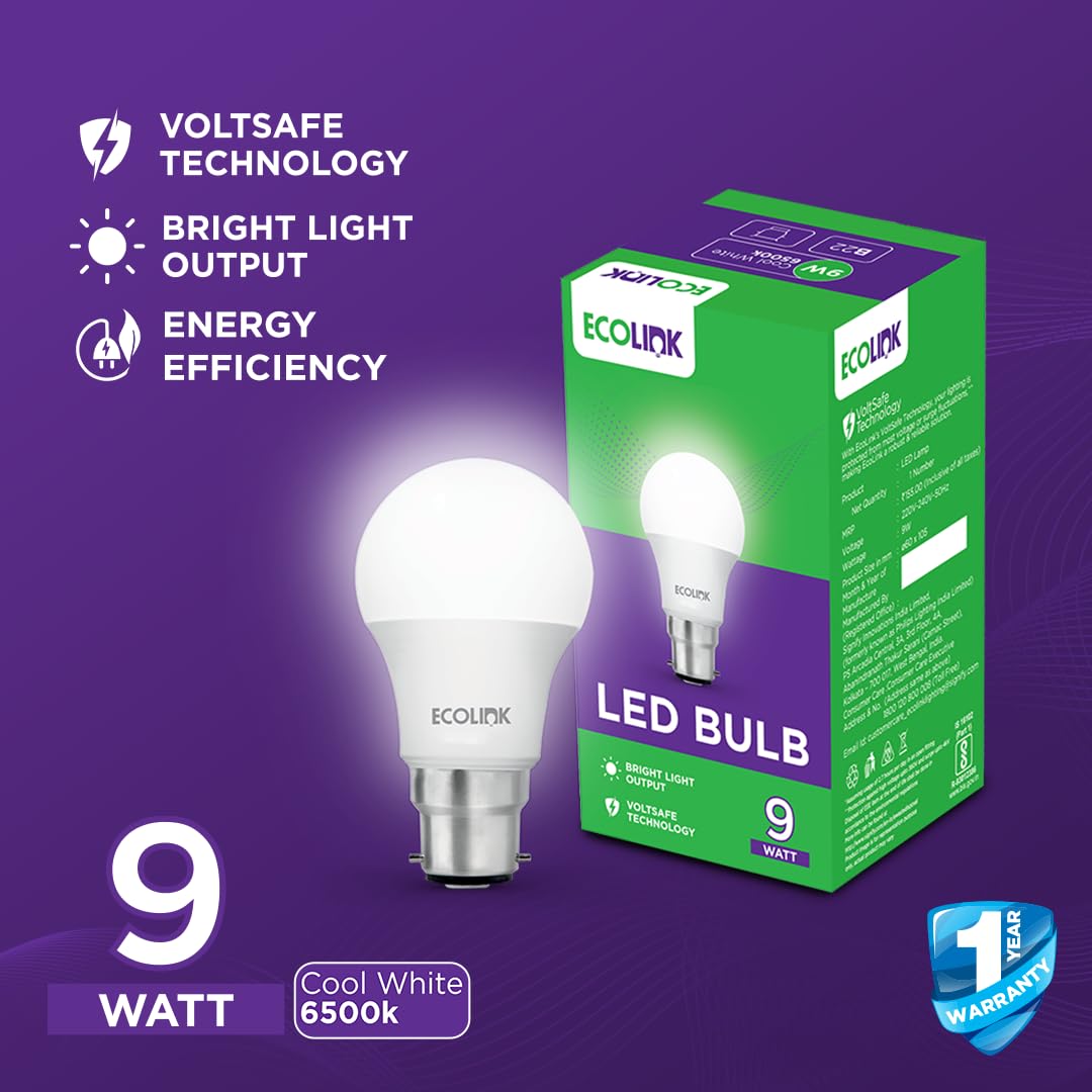 Philips EcoLink 9-Watt Base B22 LED Bulb (Cool White,Pack of 2)