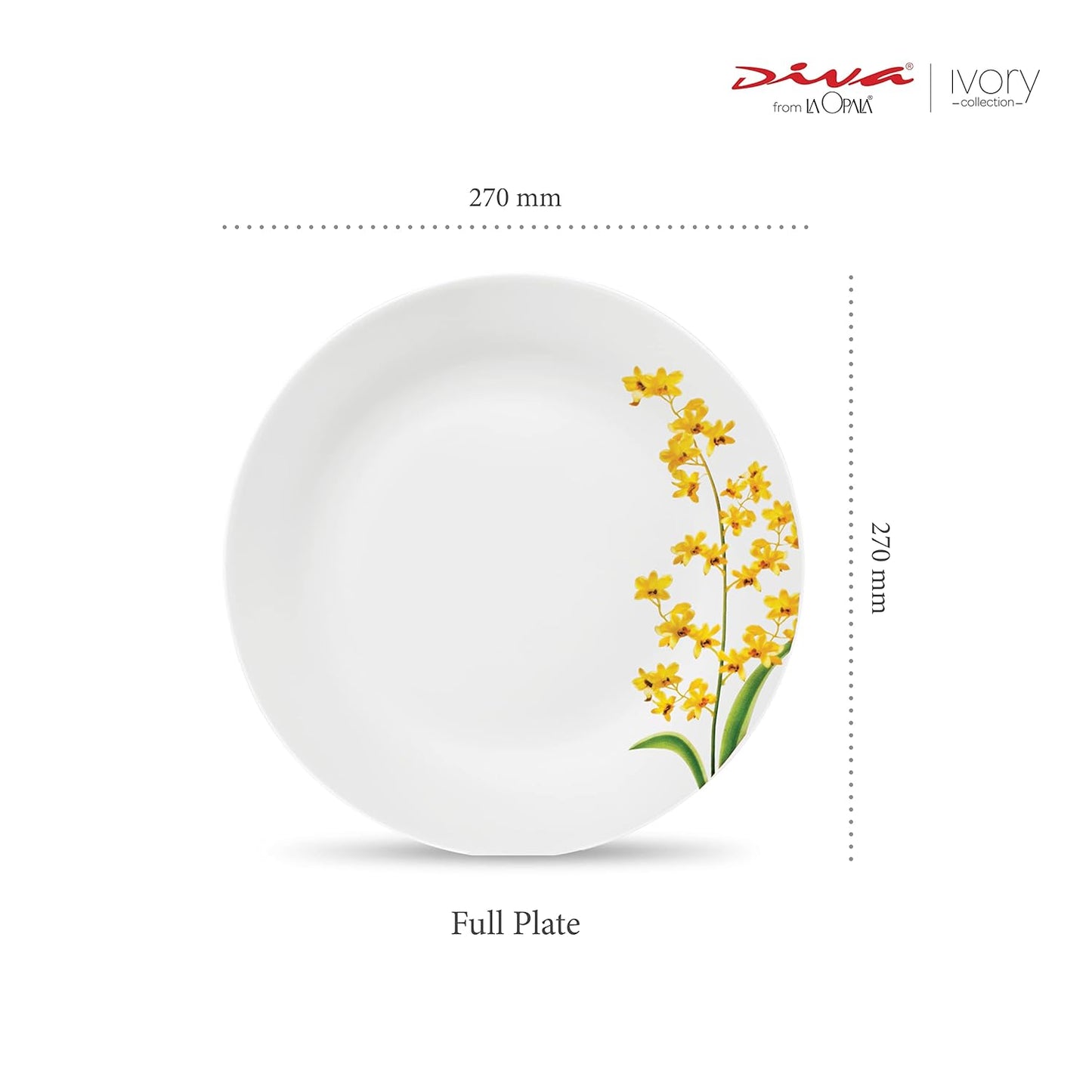 La Opala Diva, Ivory Collection, Opal Glass Full Plate Set 11" 6 pcs, Yellow Grace, White
