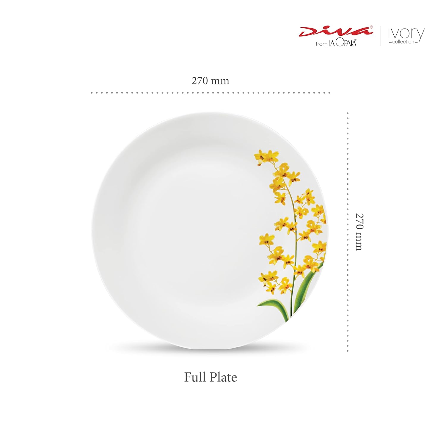 La Opala Diva, Ivory Collection, Opal Glass Full Plate Set 11" 6 pcs, Yellow Grace, White