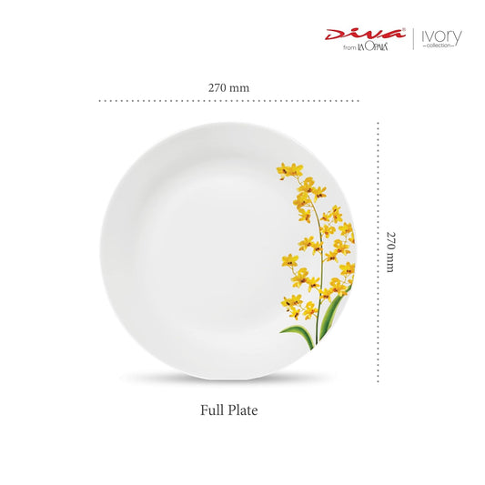 La Opala Diva, Ivory Collection, Opal Glass Full Plate Set 11" 6 pcs, Yellow Grace, White