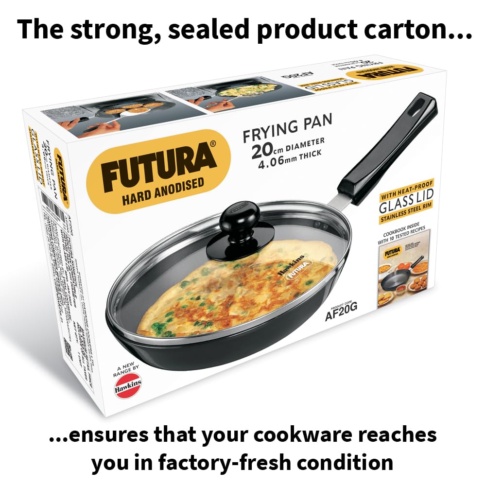 Hawkins Futura 20 cm Frying Pan, Hard Anodised Fry Pan with Glass Lid, Small Frying Pan, Black (AF20G)