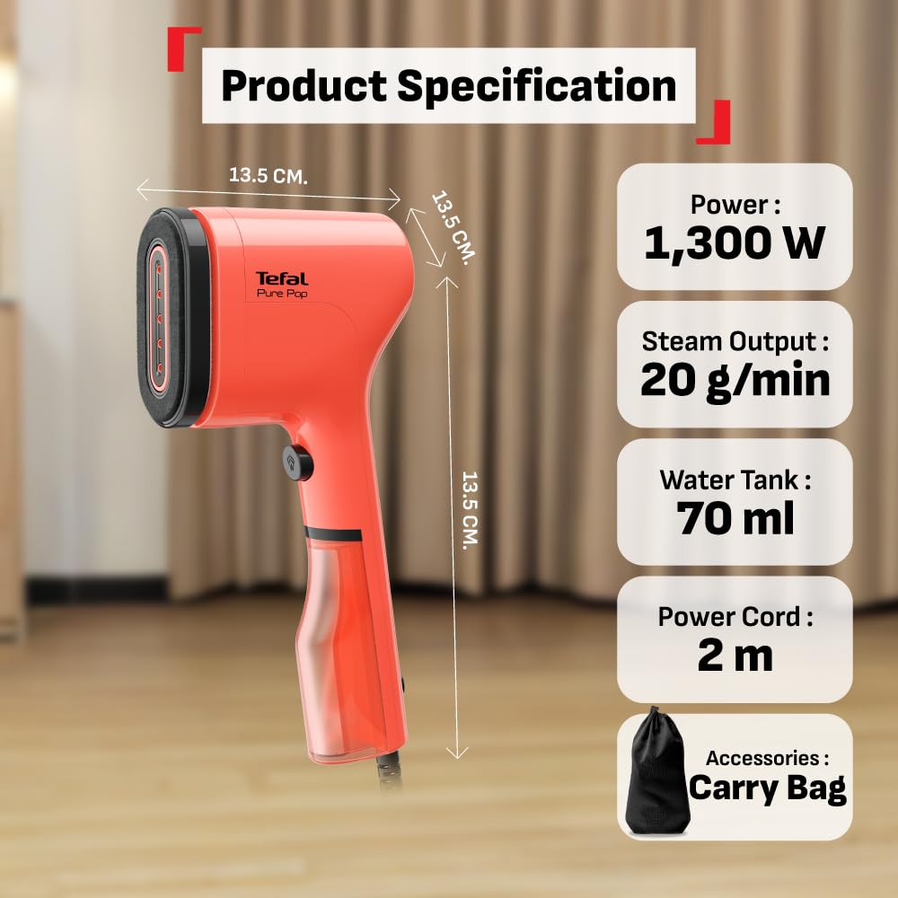 Tefal Pure Pop Handheld Garment Steamer | 1300W | Compact, Convenient Vertical Steaming | Reversible Pad | 2m Cable | 20g/min Steam | 15-sec Heat-Up | Red | No.1 Ironing Brand in Europe