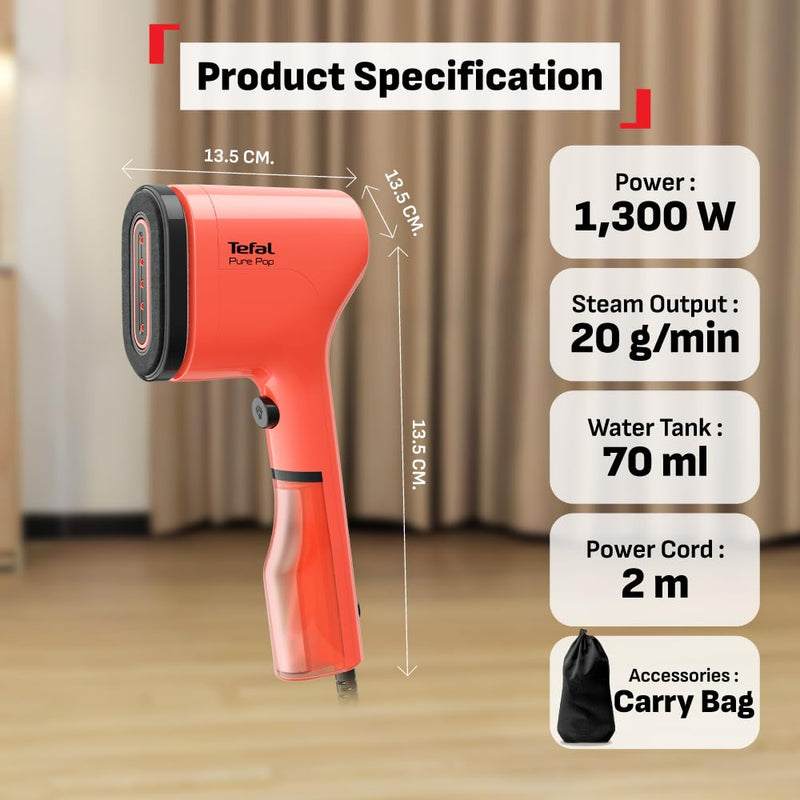 Tefal Pure Pop Handheld Garment Steamer | 1300W | Compact, Convenient Vertical Steaming | Reversible Pad | 2m Cable | 20g/min Steam | 15-sec Heat-Up | Red | No.1 Ironing Brand in Europe