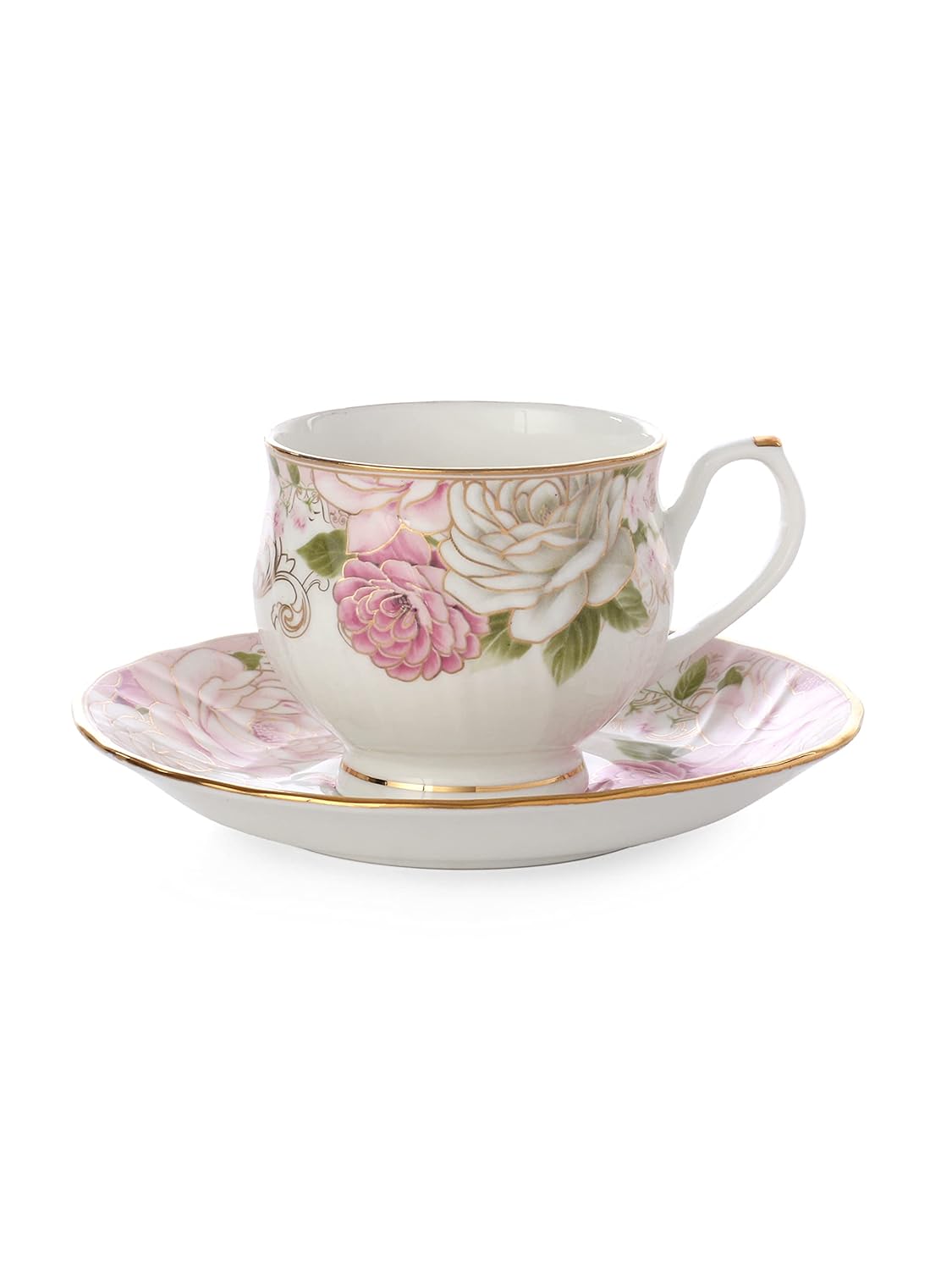 Clay Craft Gold Print Premium Fine Ceramic Tea Set of 15 Pcs (1 Kettle + 6 Cups + 6 Saucers + 1 Milk Pot + 1 Sugar Pot) (Design 6 - Rose(R512))