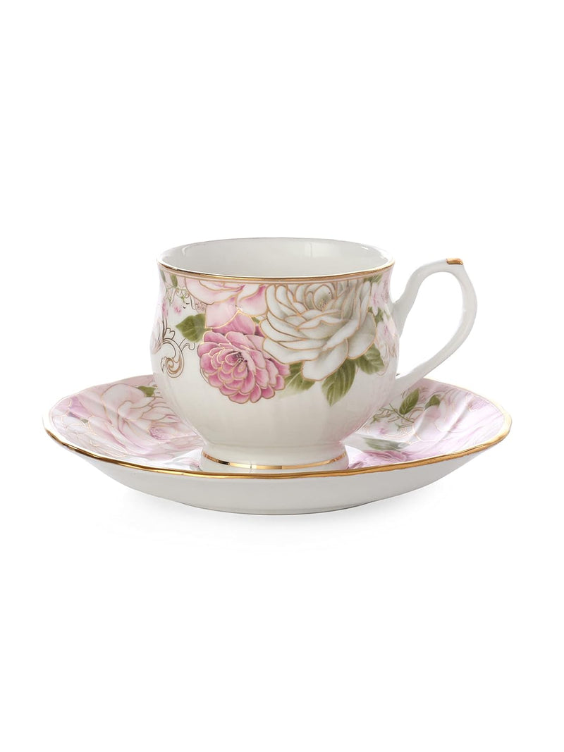 Clay Craft Gold Print Premium Fine Ceramic Tea Set of 15 Pcs (1 Kettle + 6 Cups + 6 Saucers + 1 Milk Pot + 1 Sugar Pot) (Design 6 - Rose(R512))