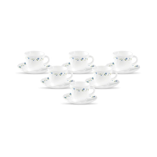 La Opala Diva, Opal Glass Crockery | Cup & Saucer Tulip Regular, Set of 12 | Twilight Bouquet, 160 ml | for Tea & Coffee | Microwave Safe | 100% Vegetarian | Extra Strong | Super Light | Super White