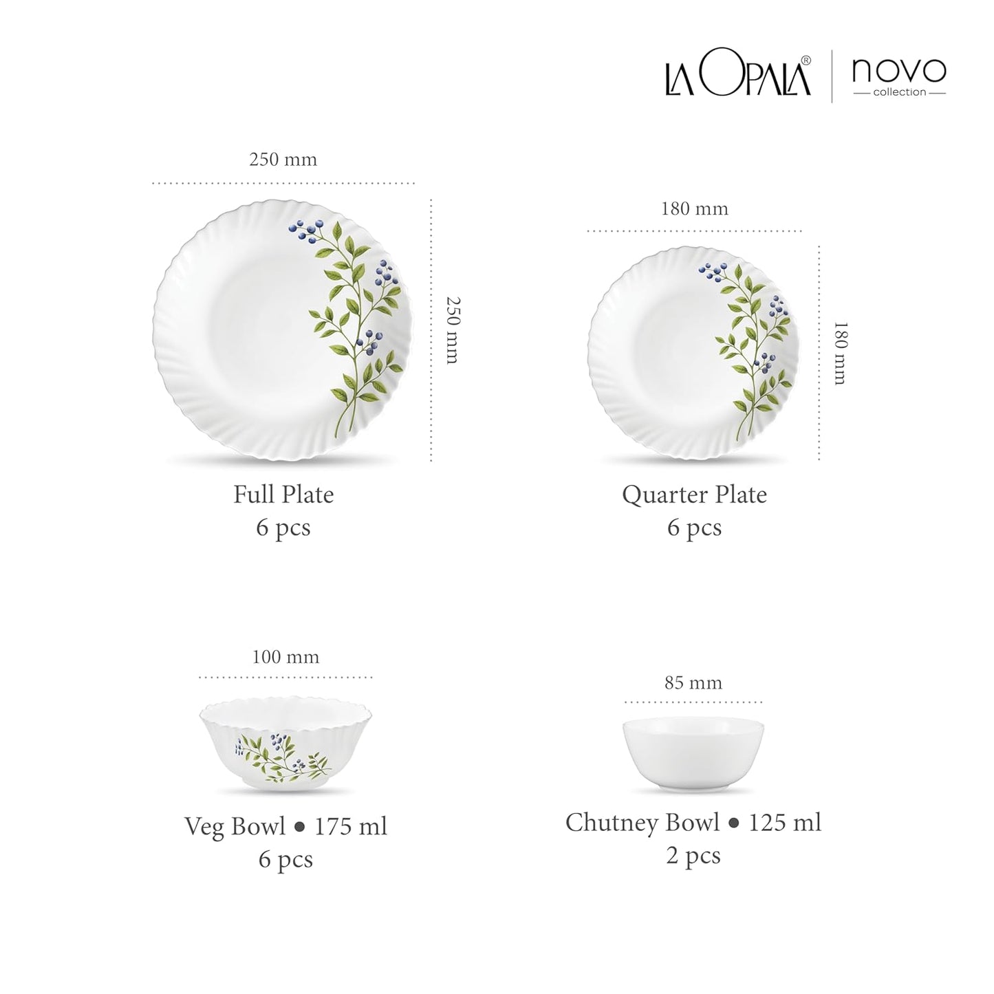 La Opala Novo Collection Opal Glass Crockery | for Family of 6 | Dinner Set 20 pcs Lush Greens | Plates & Bowls for Dining | Microwave Safe | 100% Vegetarian | Extra Strong | Light & White