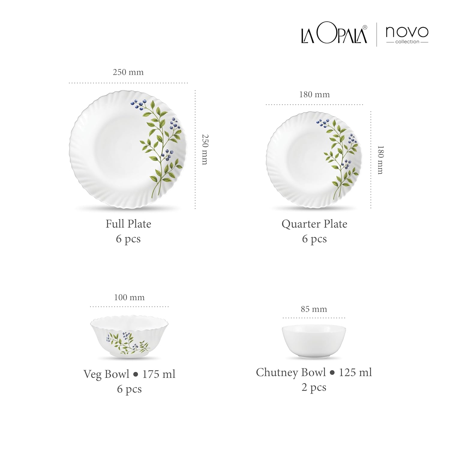 La Opala Novo Collection Opal Glass Crockery | for Family of 6 | Dinner Set 20 pcs Lush Greens | Plates & Bowls for Dining | Microwave Safe | 100% Vegetarian | Extra Strong | Light & White