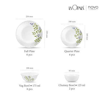 La Opala Novo Collection Opal Glass Crockery | for Family of 6 | Dinner Set 20 pcs Lush Greens | Plates & Bowls for Dining | Microwave Safe | 100% Vegetarian | Extra Strong | Light & White