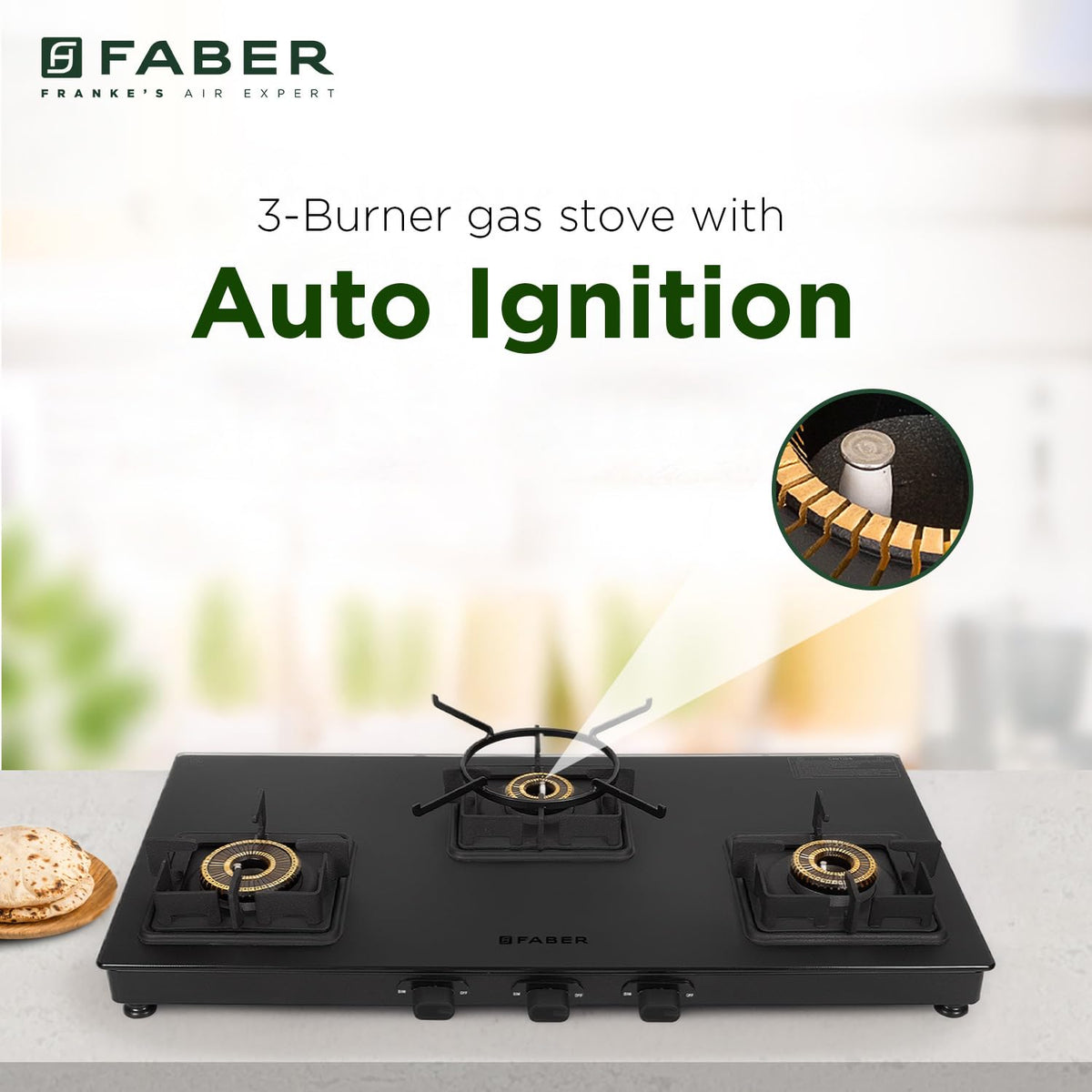 Faber 3 Burner 77Cm Cooktop |Auto Ignition| |Metal Knobs| MS Diamond Coated Pan Support | Matt Black Glass Finish |5 Yrs