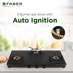 Faber 3 Burner 77Cm Cooktop |Auto Ignition| |Metal Knobs| MS Diamond Coated Pan Support | Matt Black Glass Finish |5 Yrs