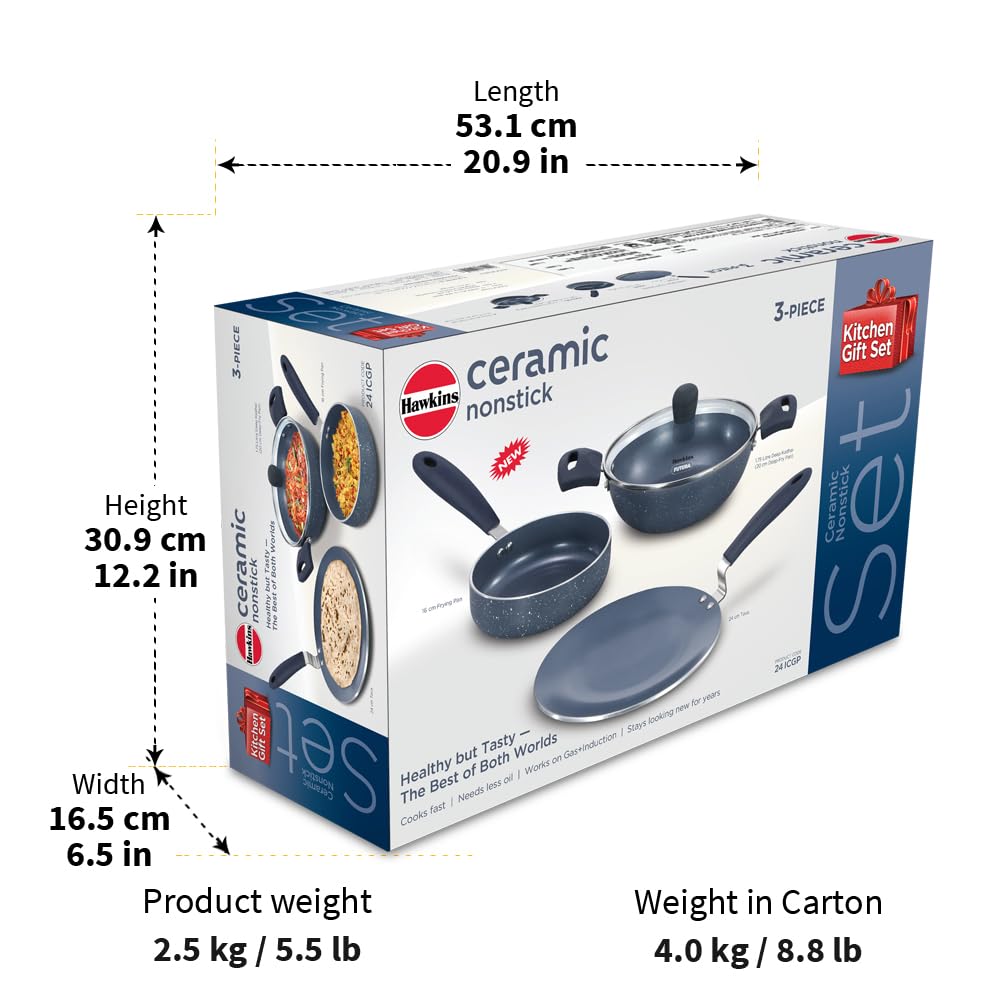 Hawkins Ceramic Nonstick 3-Piece Kitchen Gift Set - 1.75 L Deep Kadhai, 16 cm Frying Pan and 24 cm Tava, Grey (24ICGP)