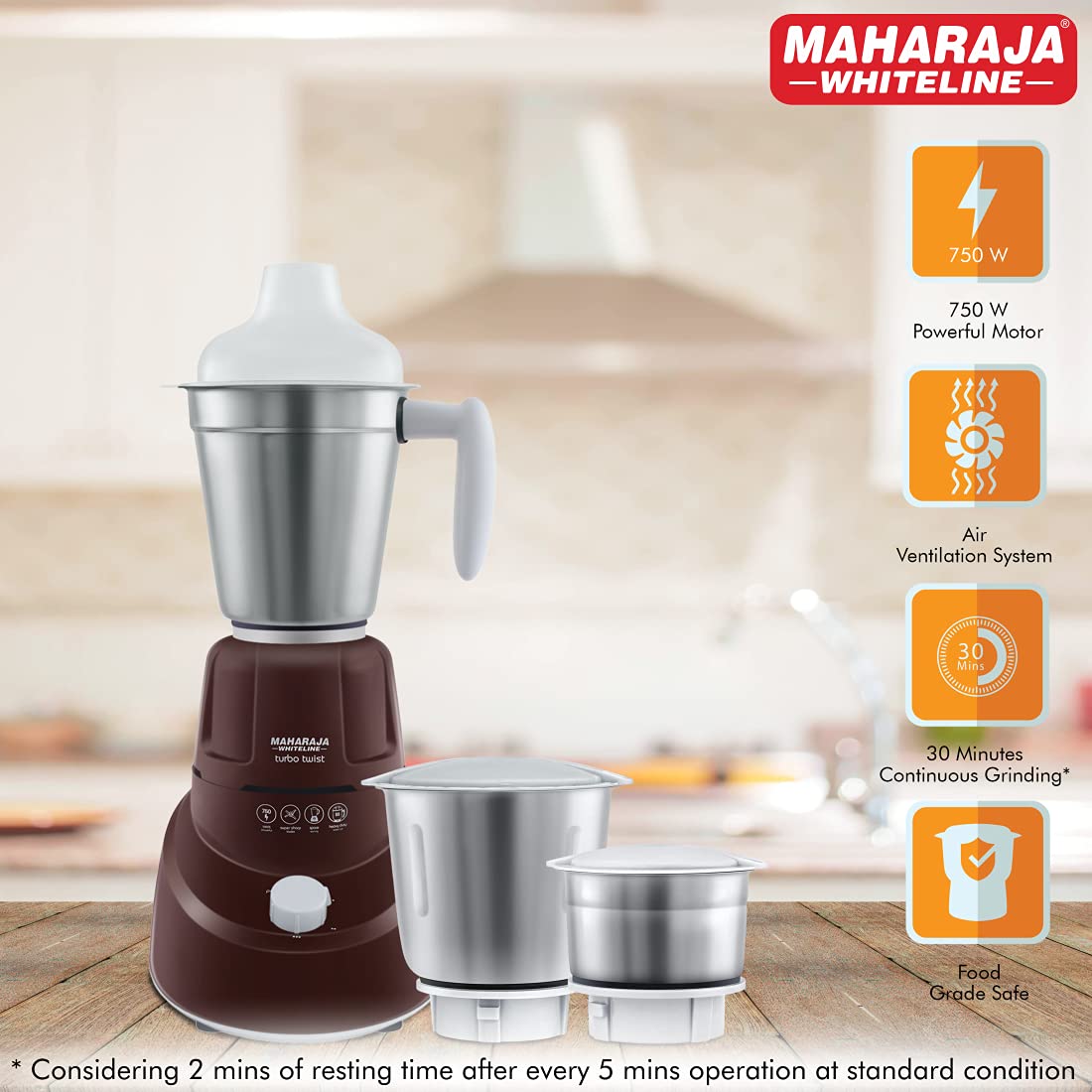 MAHARAJA WHITELINE TURBO TWIST MIXER GRINDER 750 Watt 3 Jar (Brown)
