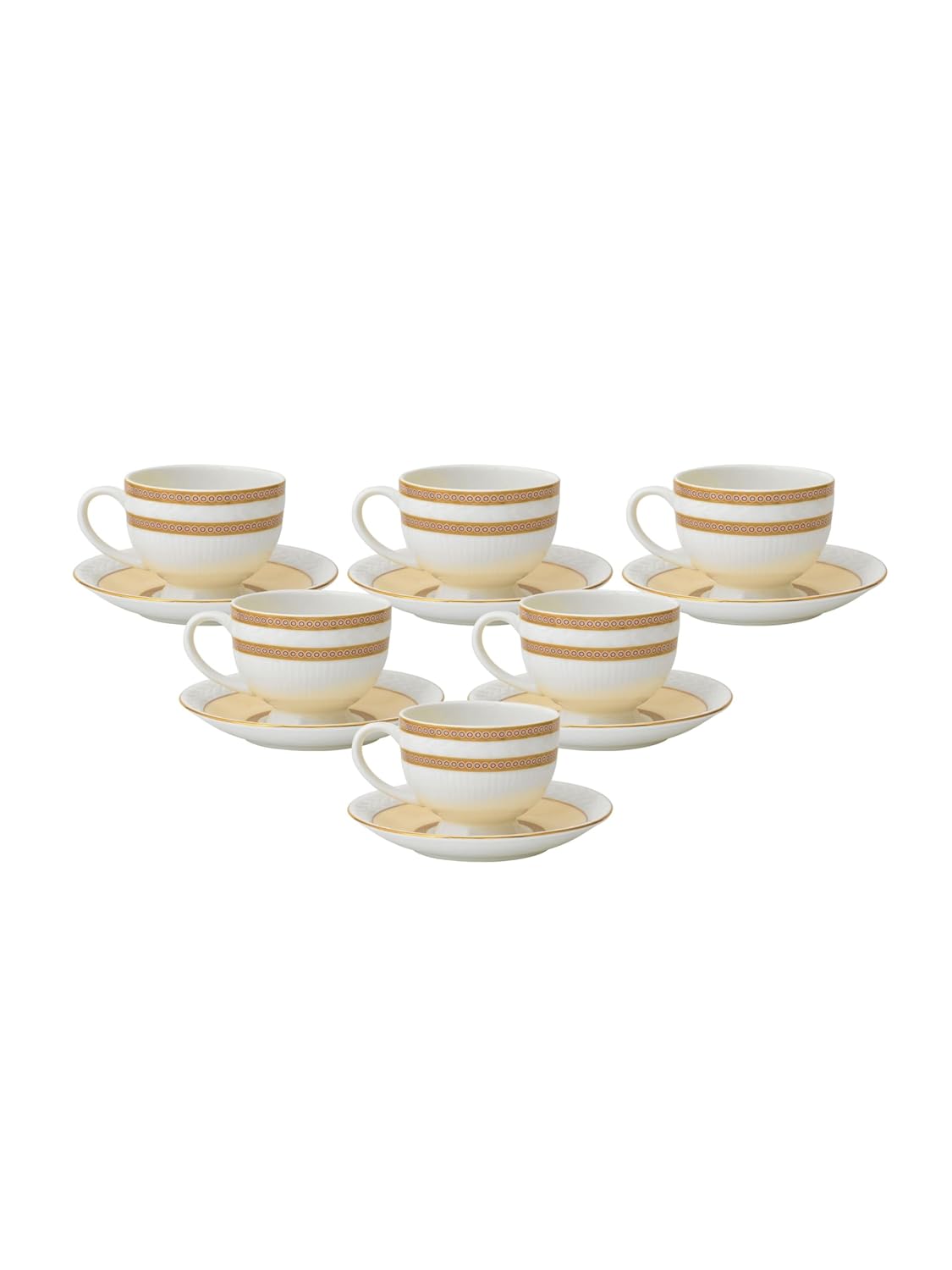 Clay Craft Fine Ceramic Gold Impression Cup & Saucer Set - 6 Cups + 6 Saucers -180 ml Each - Snow Impression 1404